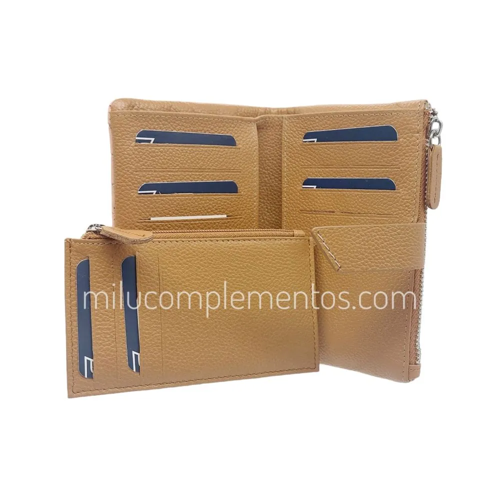 CARTERA MONEDERO DE PIEL DE VACUNO CAMEL  PICADOS  (CA216C)