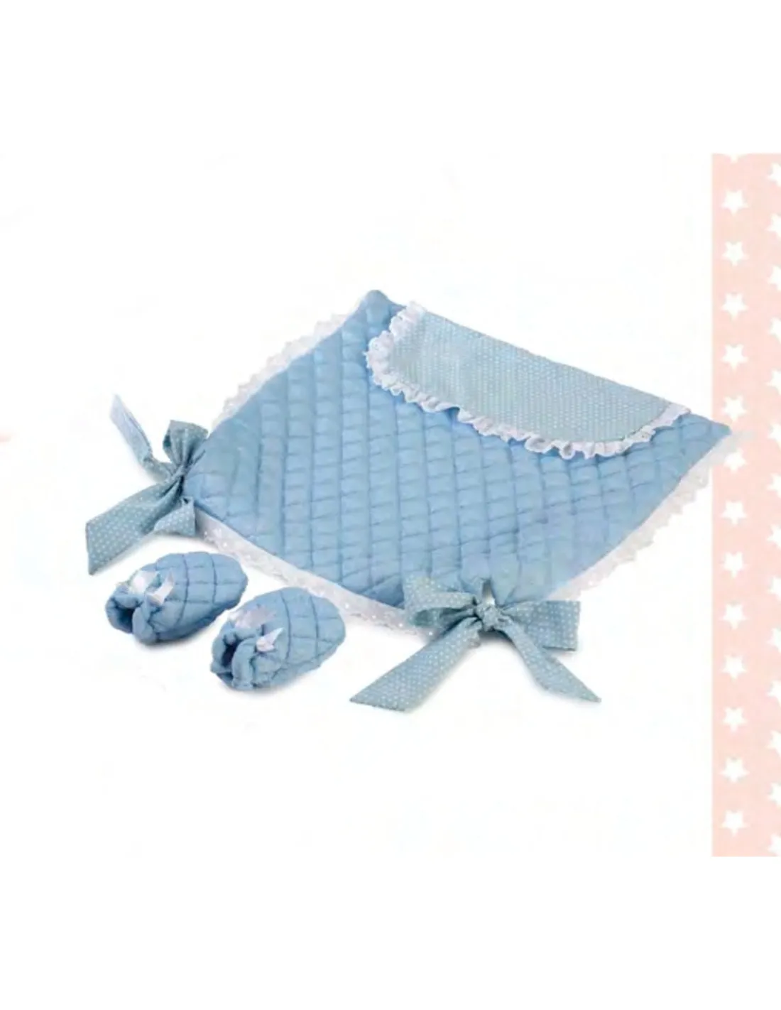 Colcha y guantes celeste estrellas blancas para muñecas de Muñecas Así