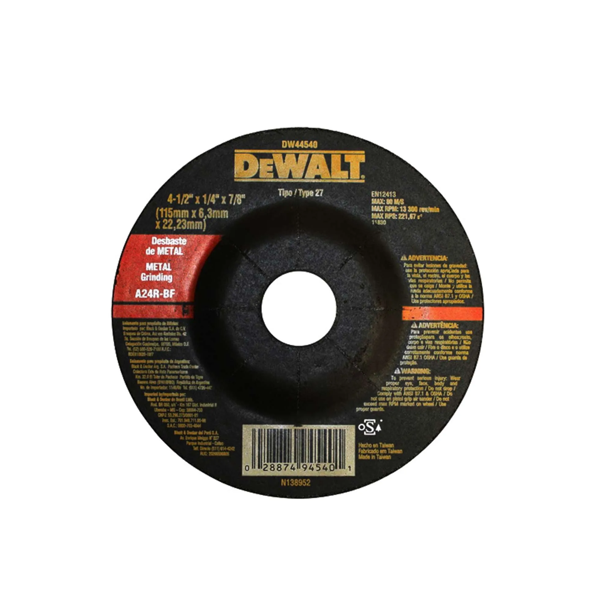 Disco de Desbaste de Metal de 4.5" x 1/4" x 7/8"