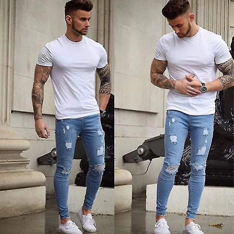 Hombres pantalones de mezclilla rasgados Super Stretch Skinny Destruido Slim Fit Jeans Pantalones Pantalones Pantalones