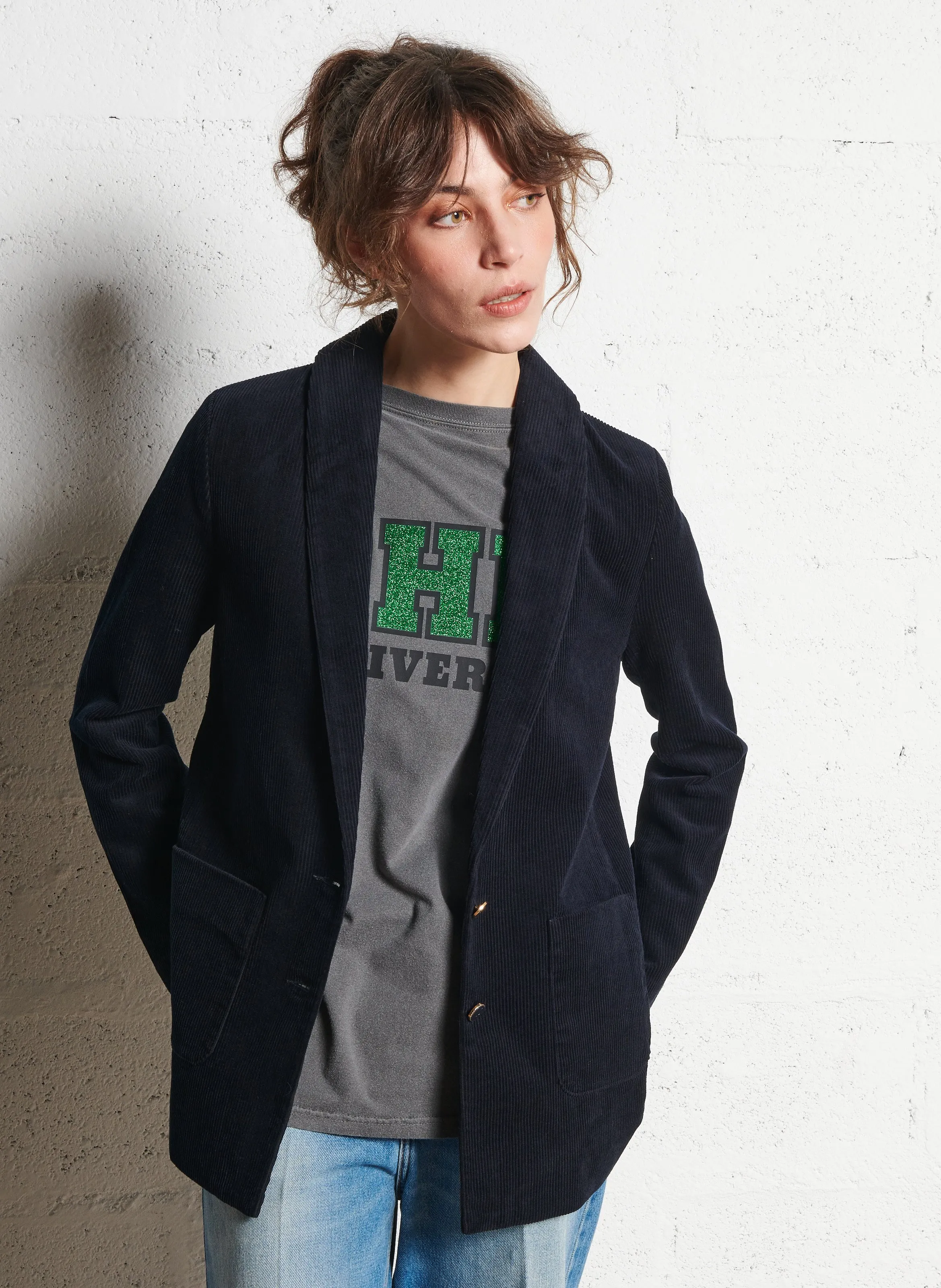 I CODE Chaqueta recta con cuello chal de terciopelo de algodón acanalado. en azul