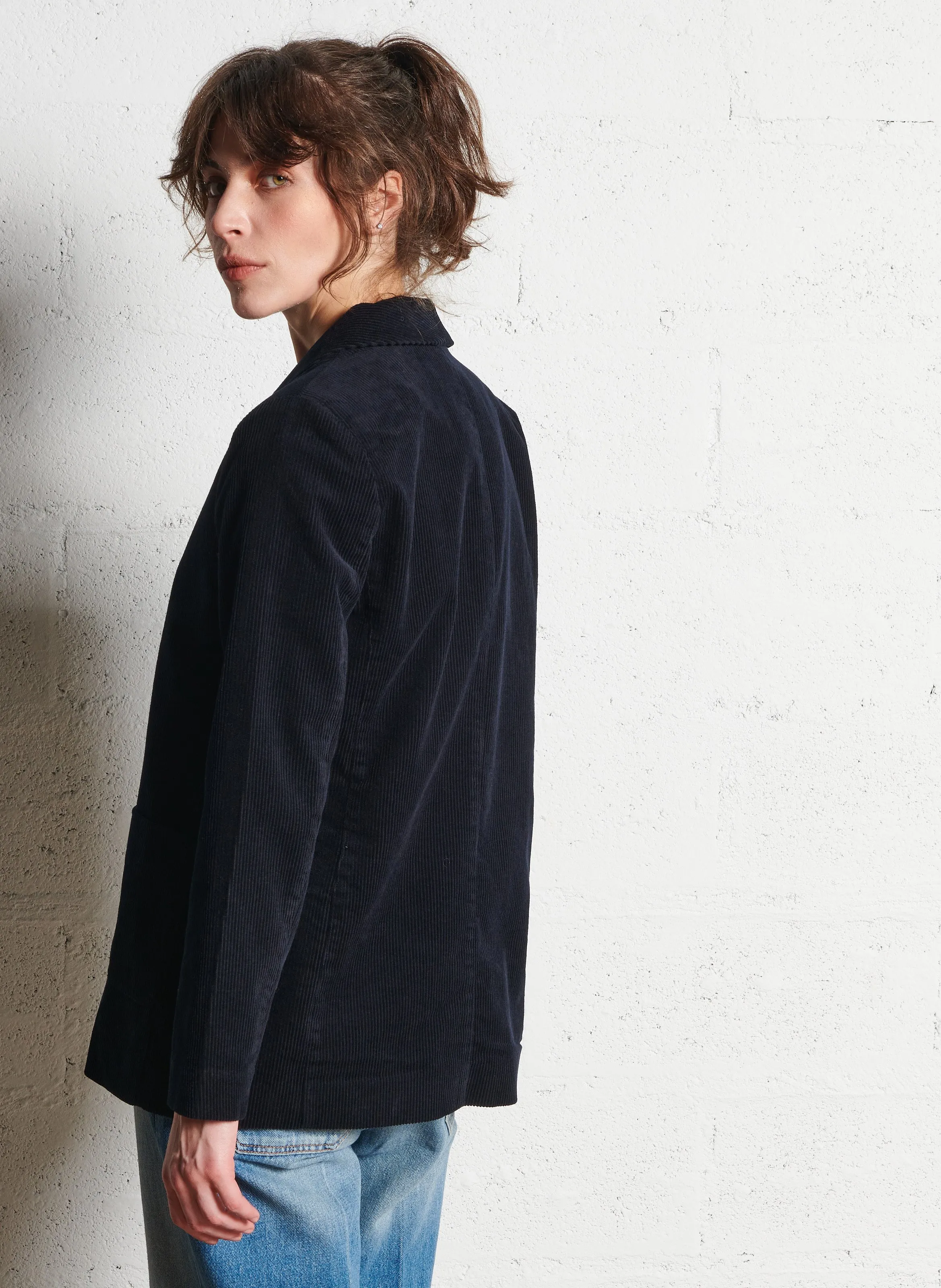 I CODE Chaqueta recta con cuello chal de terciopelo de algodón acanalado. en azul