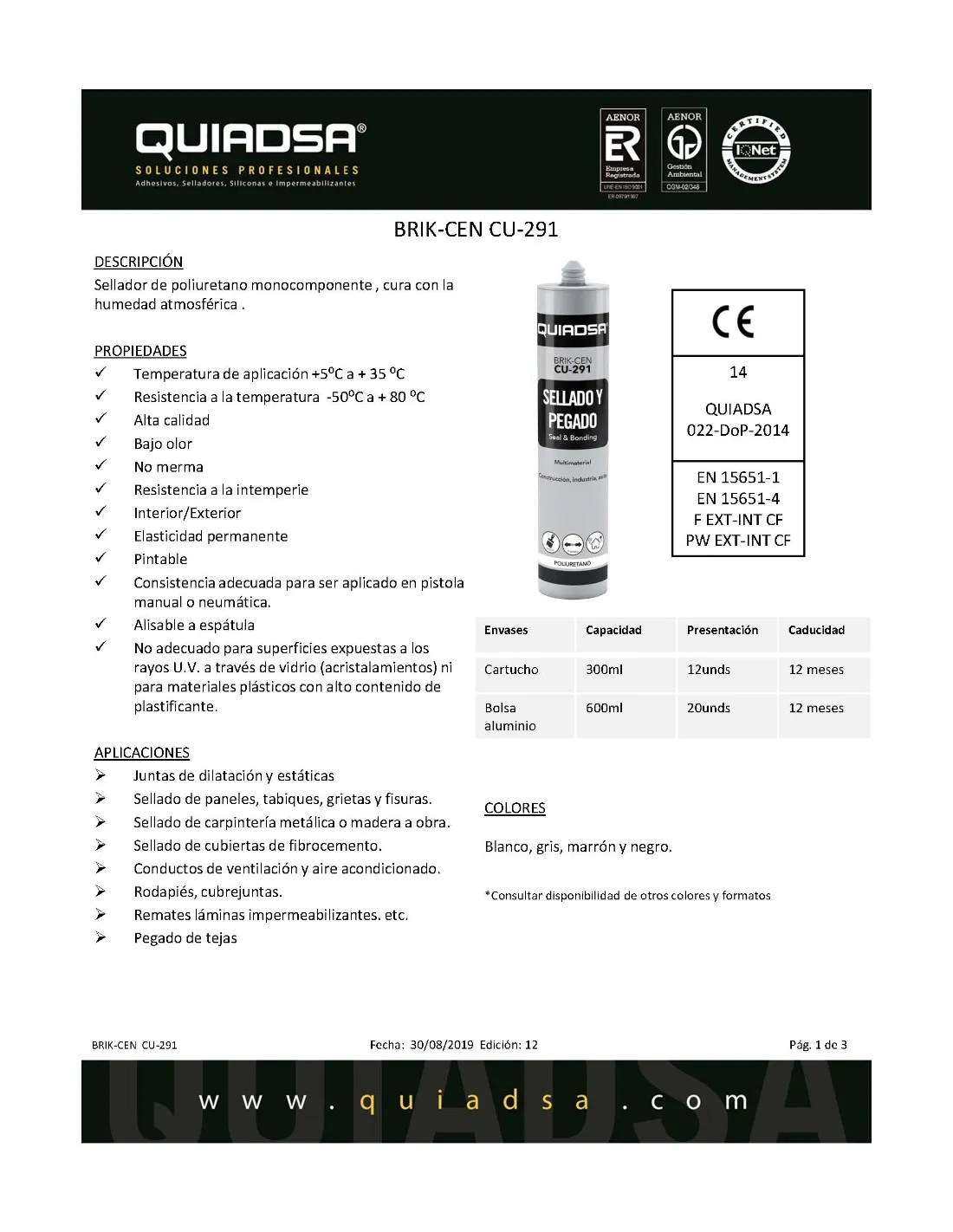 MASILLA POLIURETANO CARTUCHO BLANCA 300ML  QUIADSA