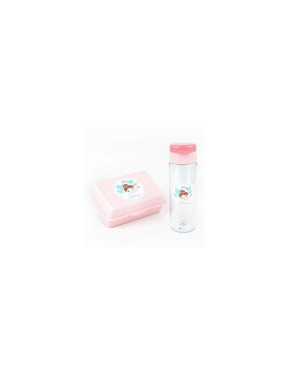 Pack Botella 600ml + Cajita Porta Alimentos Hada Rosa personalizadas de Mi Pipo