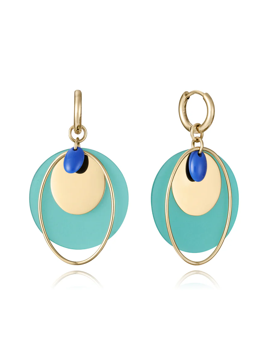 PENDIENTES DE ACERO IP DORADO, CON ARO COLGANTE,CÍRCULO ACRÍLICO VERDE Y PIEDRA AZUL, DE MUJER