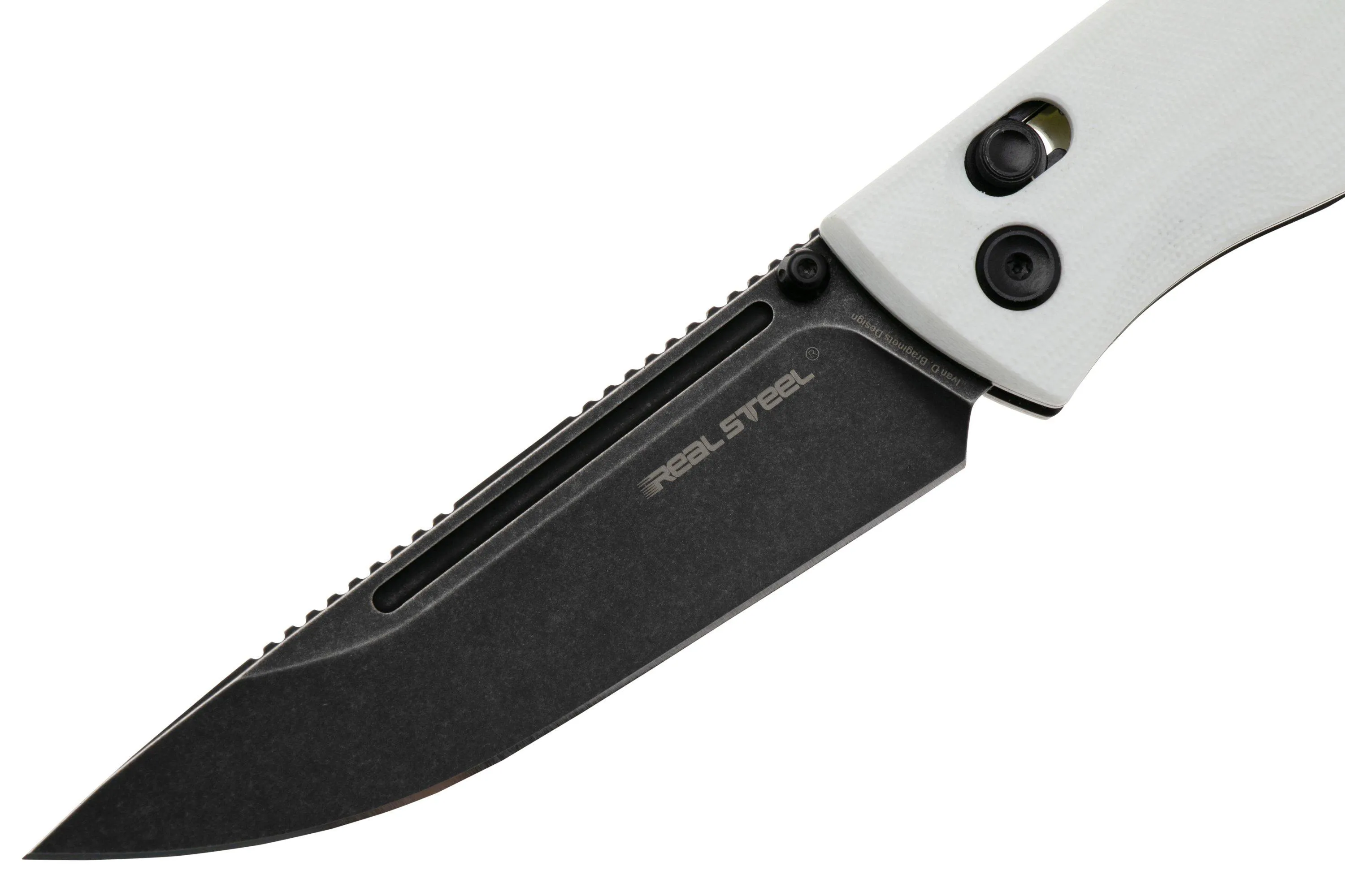 Real Steel Pathfinder FFG 7851WB Blackwashed 14C28N, White G10, navaja, Ivan D. Braginets design
