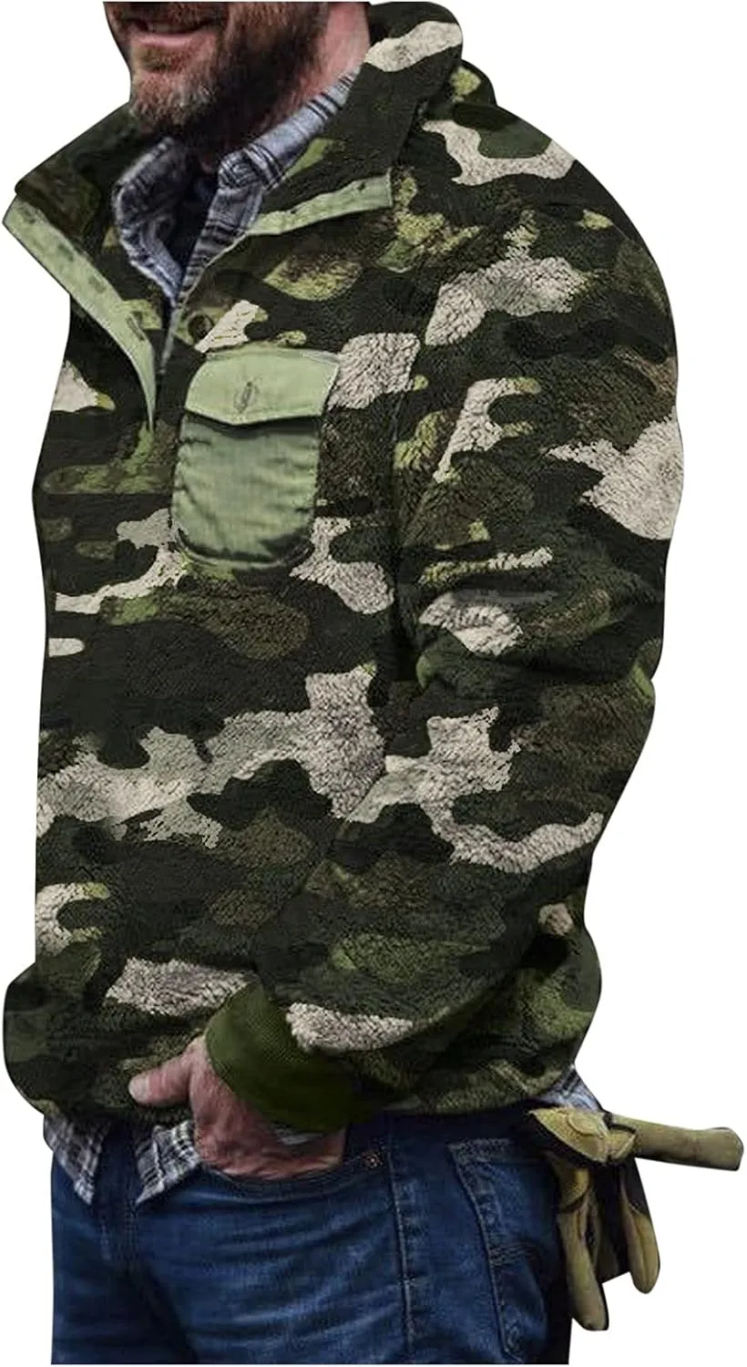 Ruamilyy Jersey de forro polar para hombre Fuzzy Sherpa Jersey con estampado azteca franela leñador sudadera cuello alto jersey 