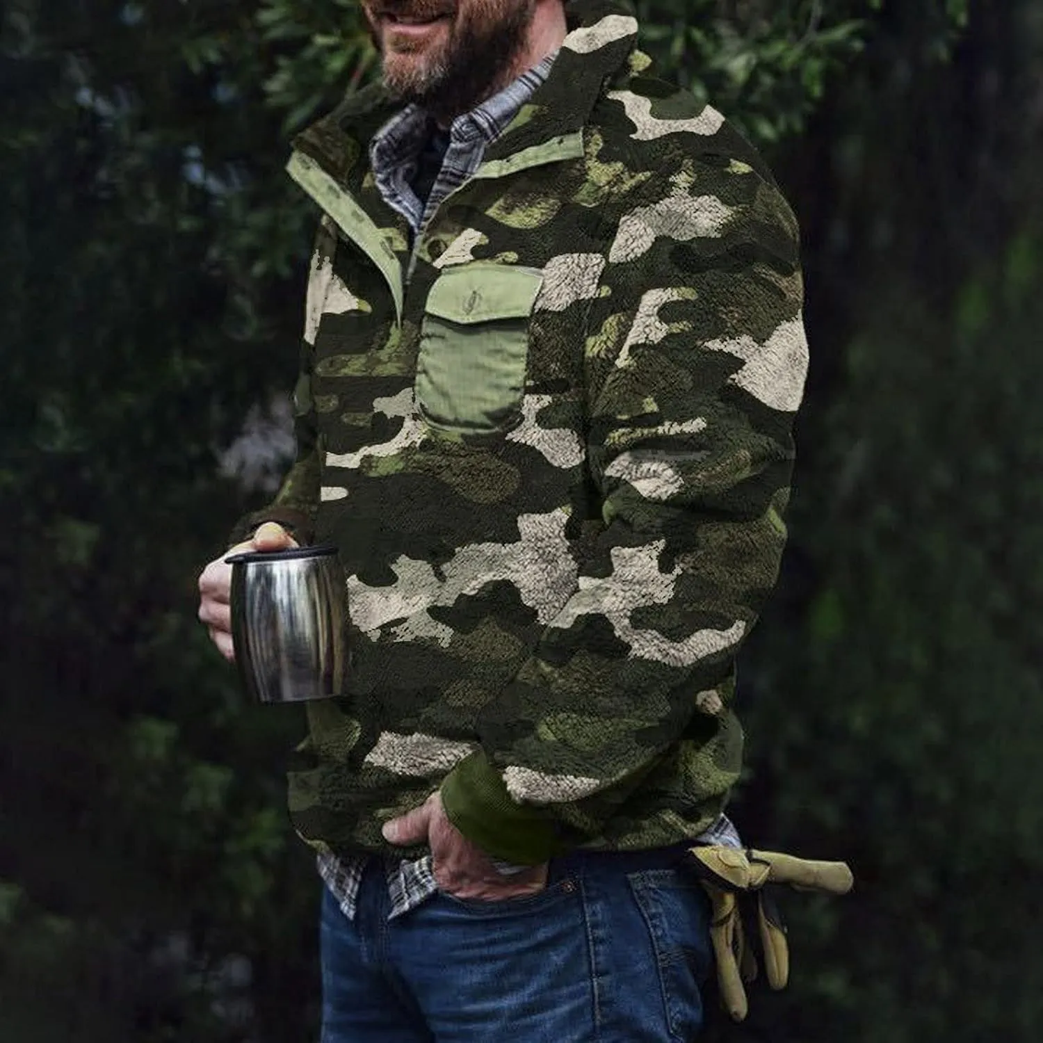 Ruamilyy Jersey de forro polar para hombre Fuzzy Sherpa Jersey con estampado azteca franela leñador sudadera cuello alto jersey 