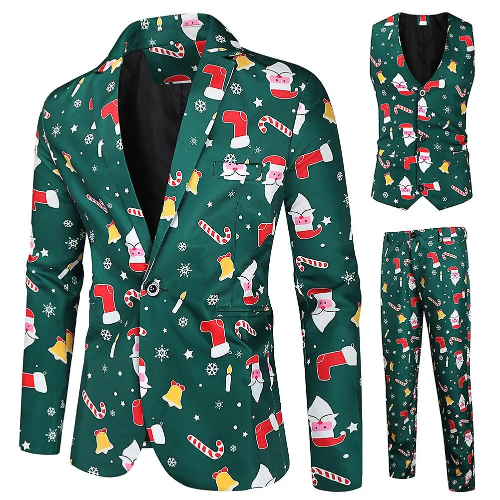 Sliktaa Traje de Navidad de 3 piezas para hombre Traje de un botón (Blazer + Chaleco + Pantalones)