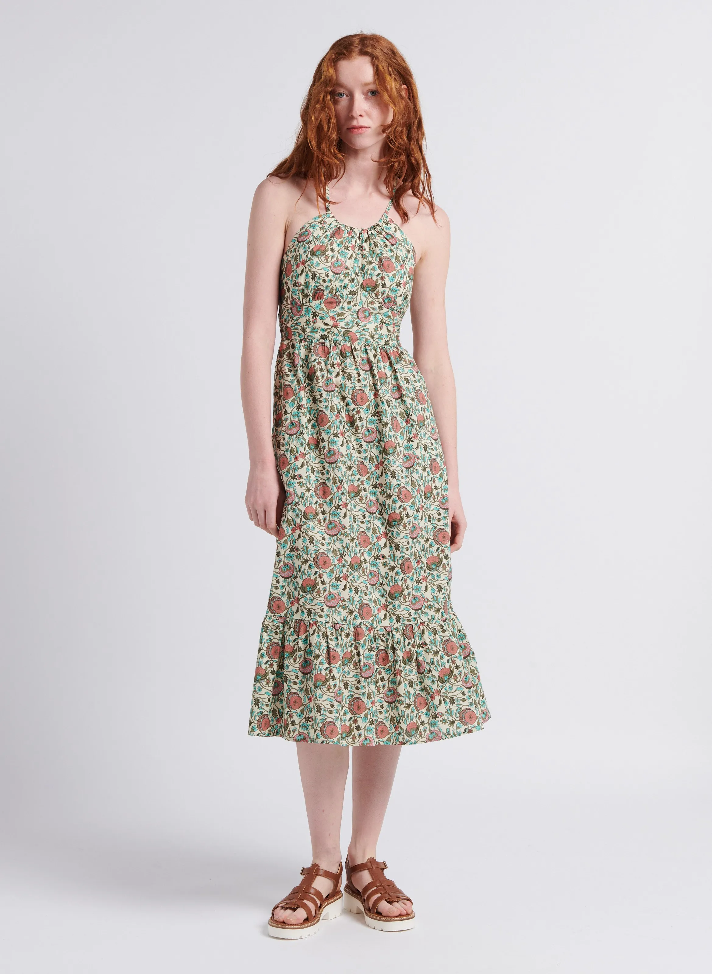 Vestido mini de algodón con espalda cruzada y estampado en blanco