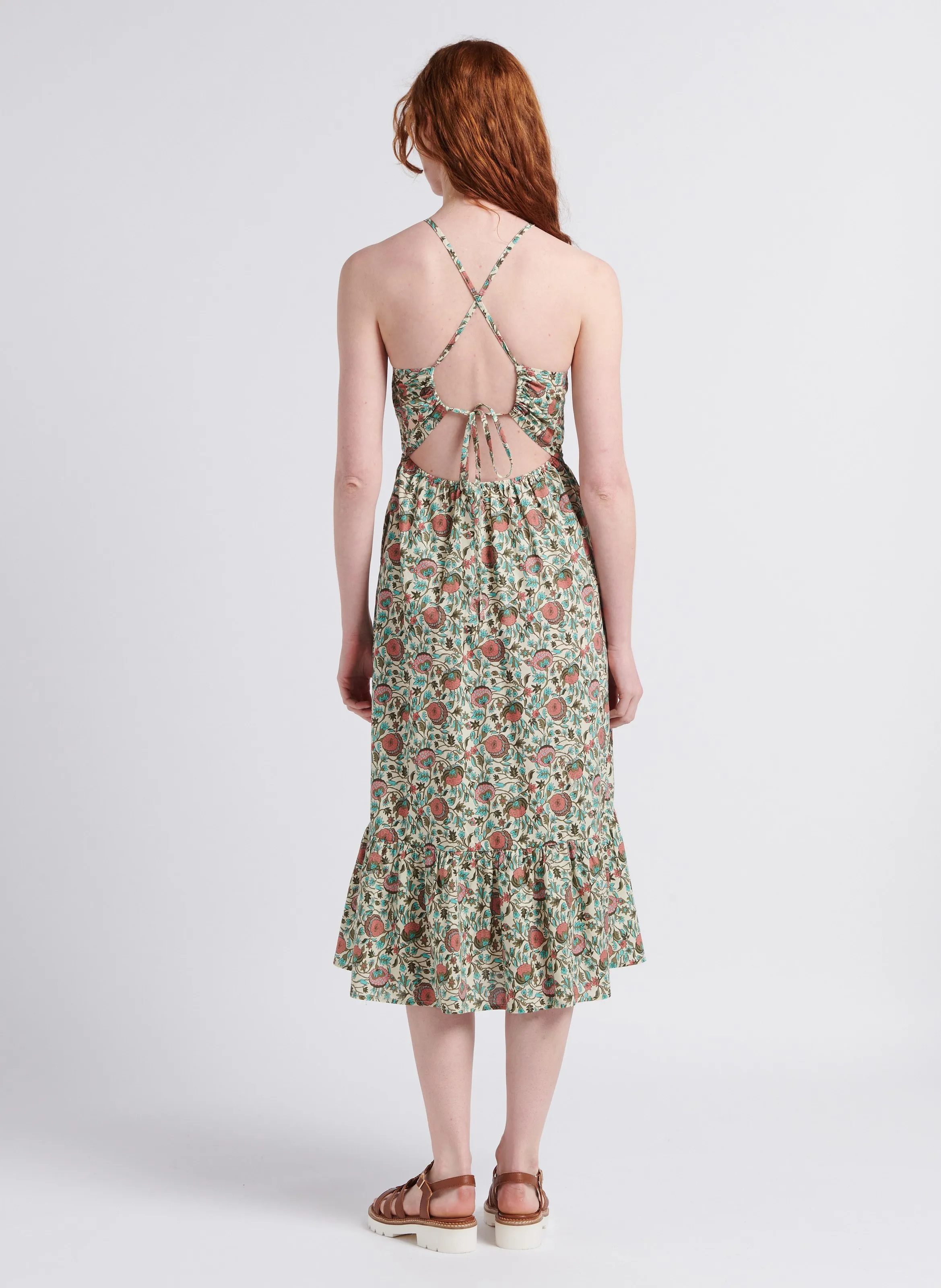 Vestido mini de algodón con espalda cruzada y estampado en blanco
